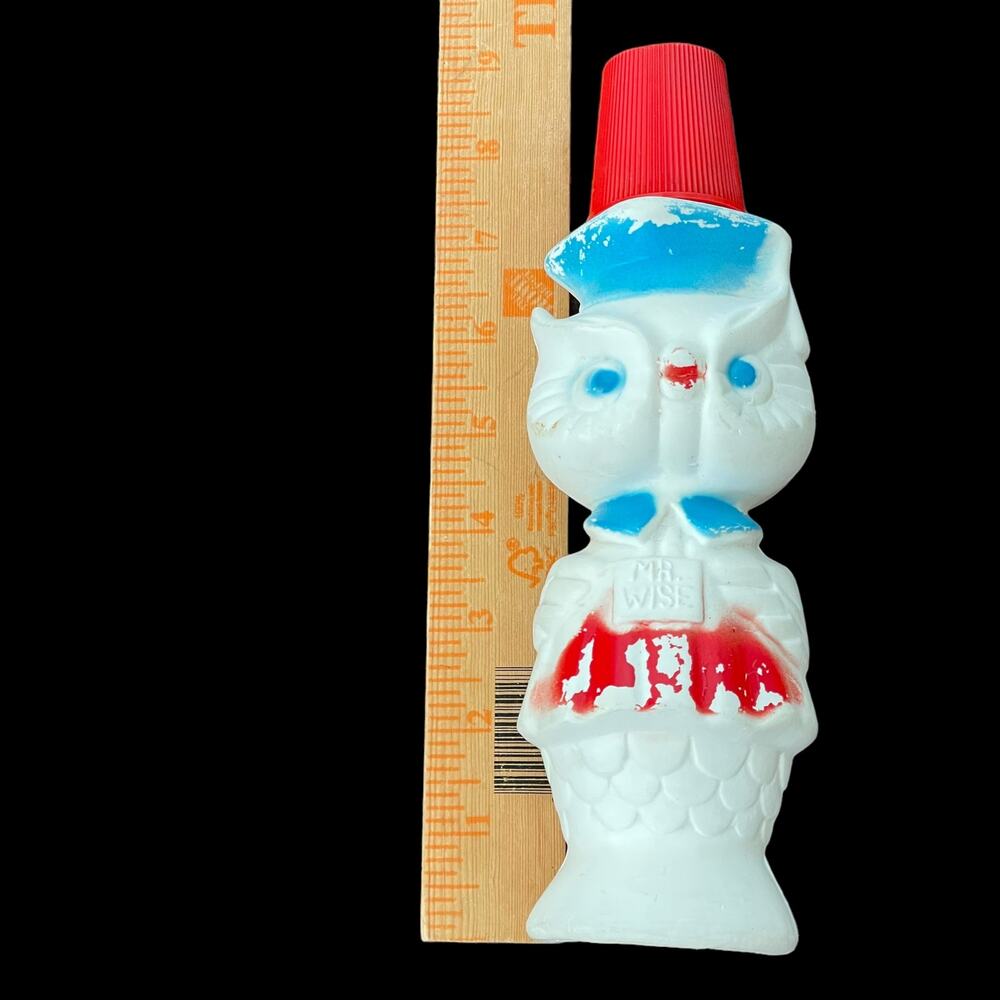 Vintage Soaky Mr Wise Owl Plastic Bottle Figural Container Potato Chip Ad READ